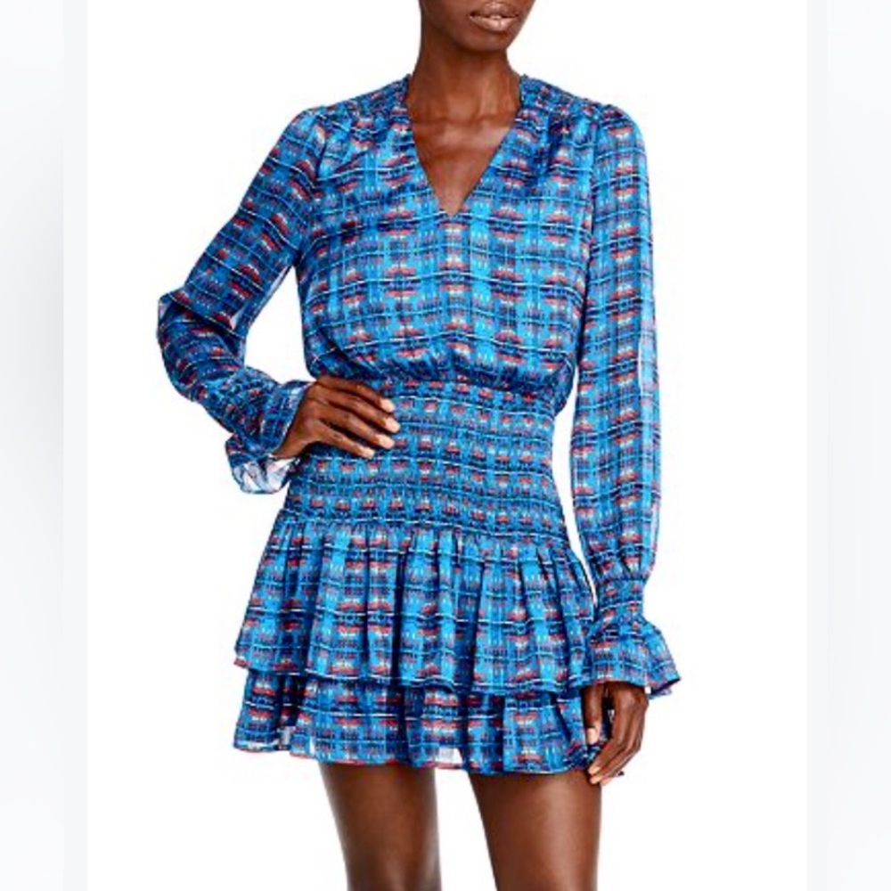 AQUA x Pendleton Smocked Waist V Neck Mini Dress